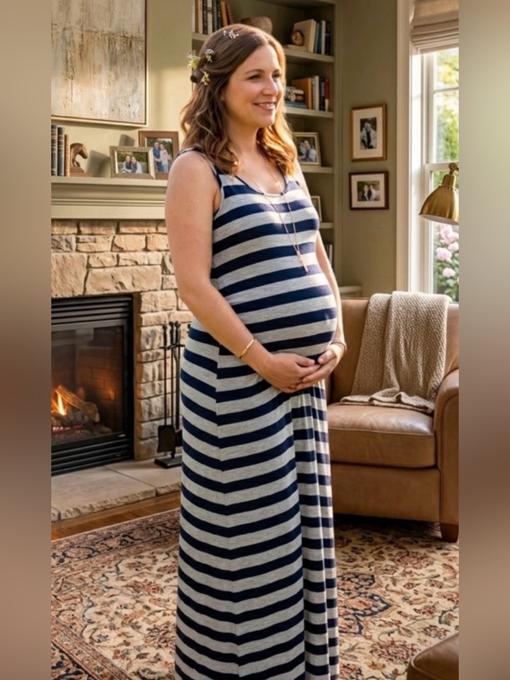 Striped Navy & White Maternity Maxi Dress - Sleeveless Nursing-Friendly size L